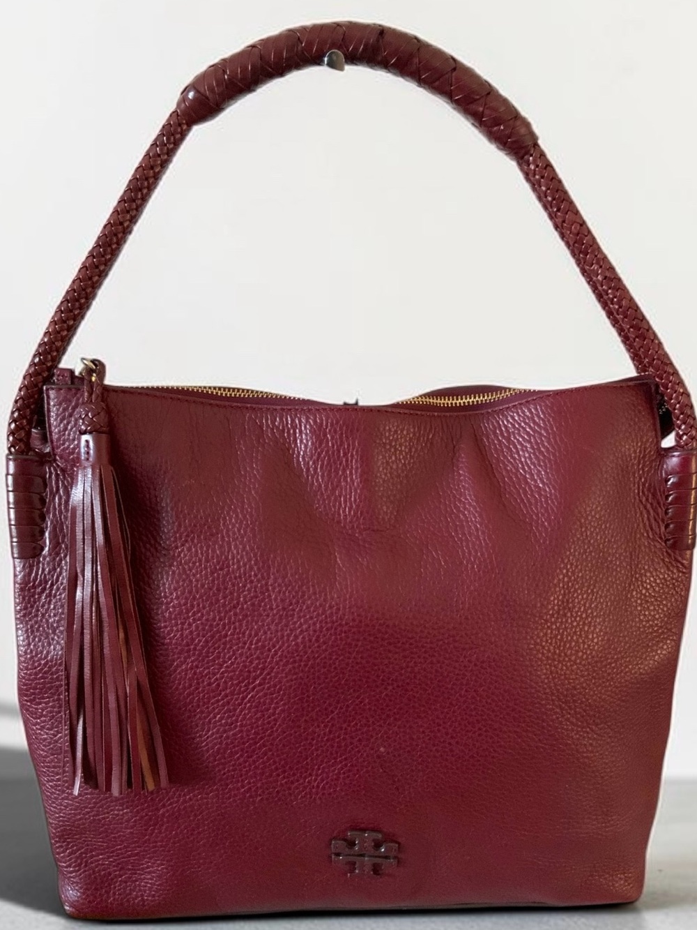 TORY BURCH TAYLOR HOBO BAG IMPERIAL GARNET PEBBLED LEATHER